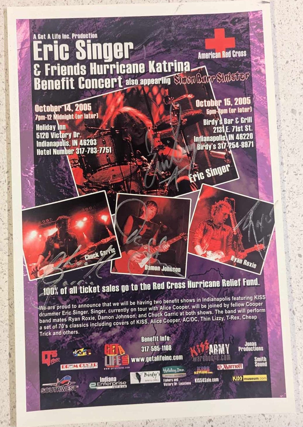 ERIC SINGER & Friends Hurricane Katrina Signed Event Poster #1 Ryan Roxie Chuck Garric KISS