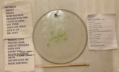 10-27-2023 FORT WORTH TEXAS Eric Singer Signed EOTR DRUMHEAD CALLSHEET SETLIST & DRUMSTICK