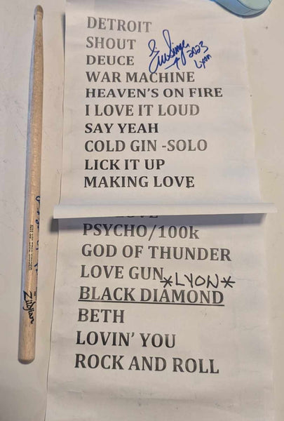 6-27-2023 LYON France Eric Singer Signed EOTR SETLIST w DRUMSTICK KISS