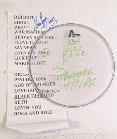 6-19-2023 KRAKOW POLAND Eric Singer Signed EOTR DRUMHEAD w SETLIST KISS