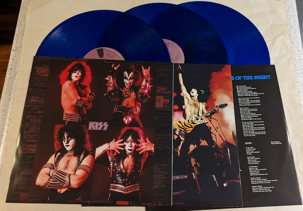 KISSONLINE KISS ACE FREHLEY Signed CREATURES OF THE NIGHT KOL EX 40th Anniversary 3LP Blue Vinyl