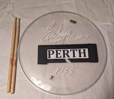 PERTH AUSTRALIA 2-28-2013 ERIC SINGER Signed Stage-Used Drumhead and Drumsticks KISS