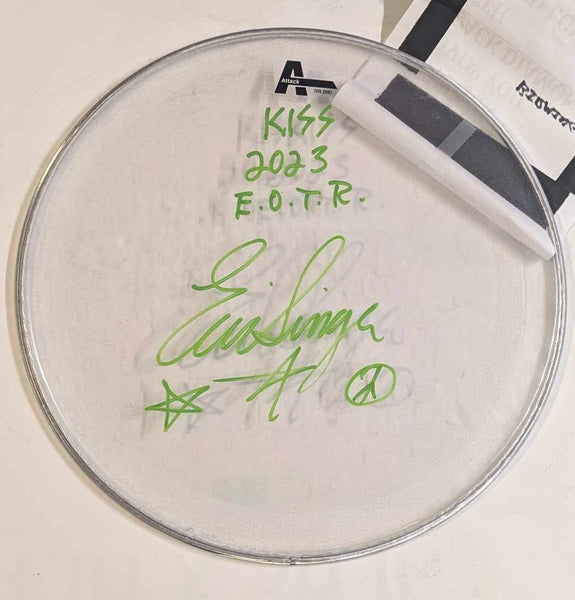 6-5-2023 BIRMINGHAM ENGLAND Eric Singer Signed EOTR DRUMHEAD w SETLIST KISS