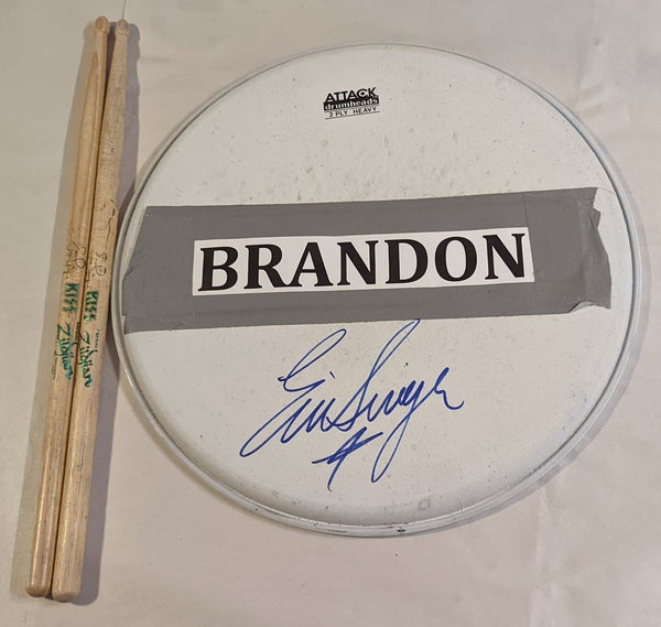 ST JOHN CANADA  07-31-2013 ERIC SINGER Stage-Used Snare Drumhead and Drumsticks KISS