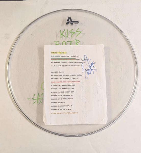 6-10-2023 PRAGUE CZECH REPUBLIC Eric Singer Signed EOTR DRUMHEAD w CALLSHEET KISS