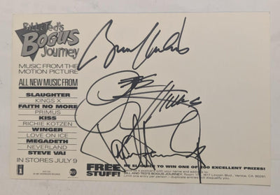 BILL & TEDS BOGUS JOURNEY PROMO POSTCARD SIGNED BY PAUL STANLEY GENE SIMMONS & BRUCE KULICK w PROMO NOTEBOOK SIGNED BY BRUCE