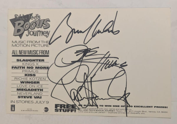 BILL & TEDS BOGUS JOURNEY PROMO POSTCARD SIGNED BY PAUL STANLEY GENE SIMMONS & BRUCE KULICK w PROMO NOTEBOOK SIGNED BY BRUCE