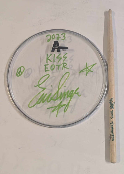 11-10-2023 EDMONTON Eric Singer Signed EOTR DRUMHEAD w DRUMSTICK KISS