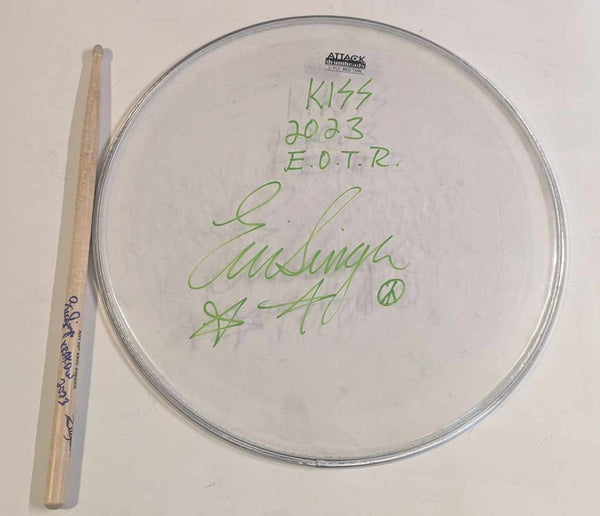 6-19-2023 KRAKOW POLAND Eric Singer Signed EOTR DRUMHEAD w DRUMSTICK KISS