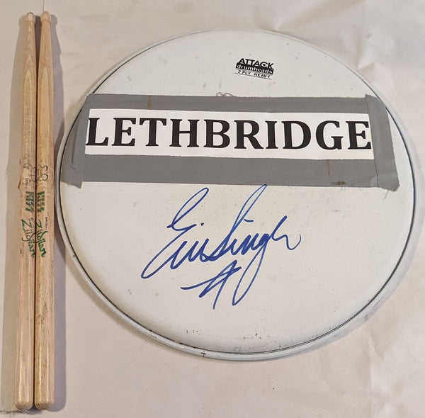 LETHBRIDGE CANADA  07-10-2013 ERIC SINGER Stage-Used Snare Drumhead and Drumstick KISSs