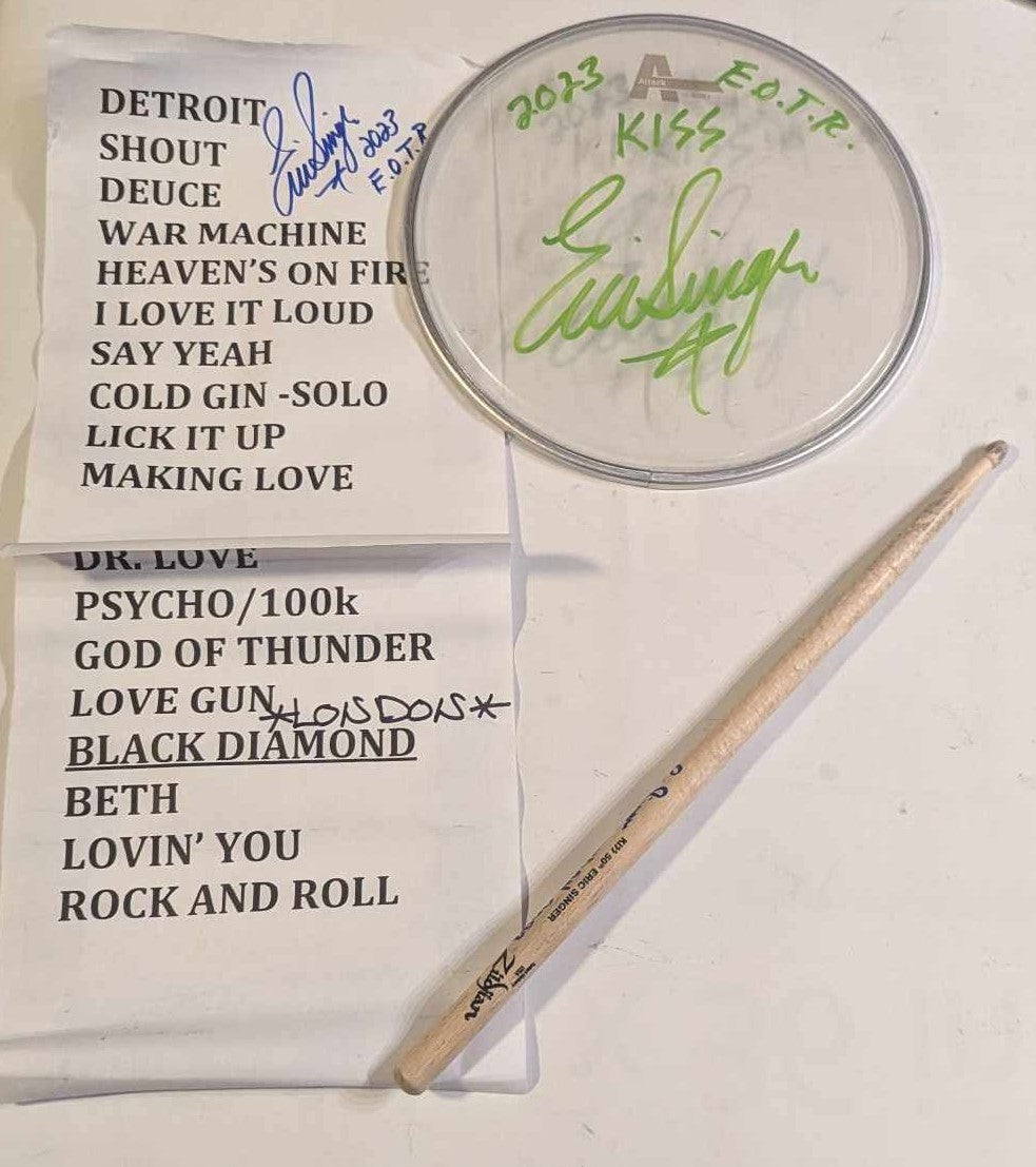 7-05-2023 LONDON ENGLAND O2 Eric Singer Signed EOTR DRUMHEAD w SETLIST And DRUMSTICK KISS