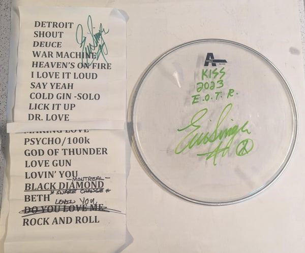 11-18-2023 MONTREAL Eric Singer Signed EOTR DRUMHEAD w SETLIST KISS