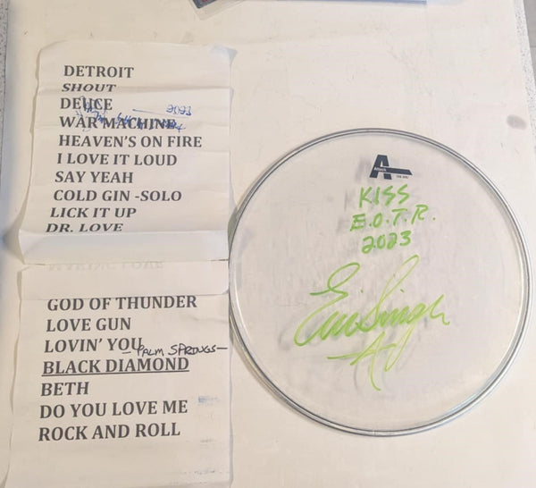 11-1-2023 PALM DESERT SPRINGS Eric Singer Signed EOTR DRUMHEAD w SETLIST KISS